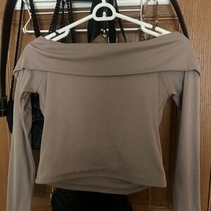 Chic Off-Shoulder Long Sleeve Top in Taupe